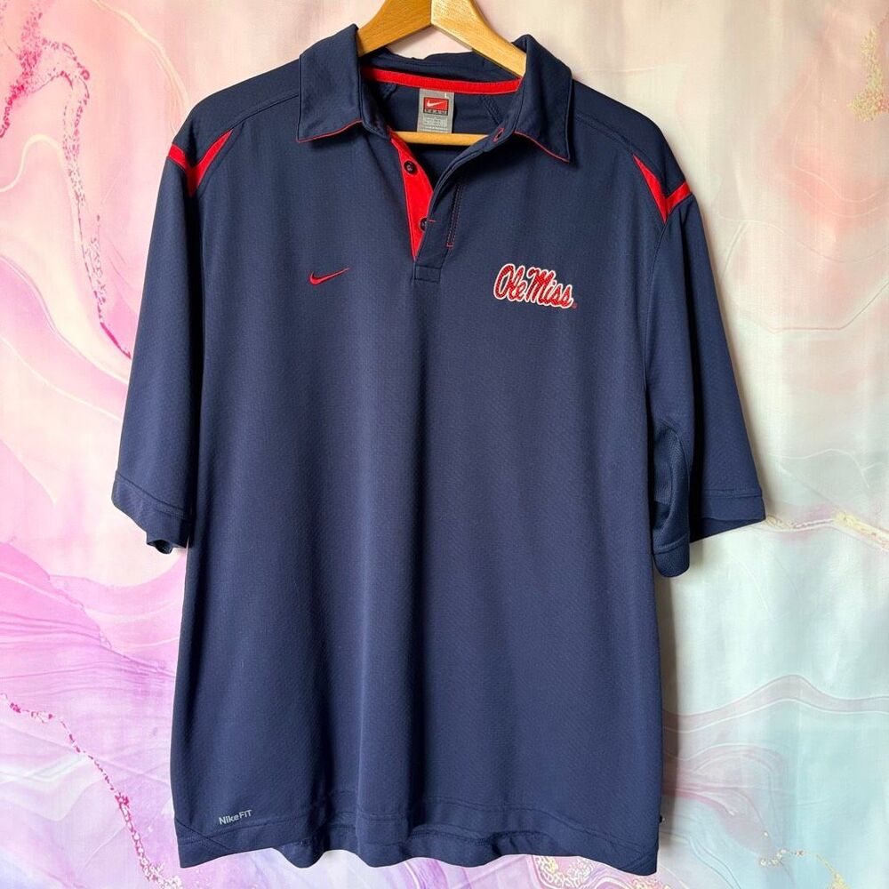 Nike L Ole Miss Rebels Navy Blue Dri Fit Athletic Performance Polo Shirt FLAW